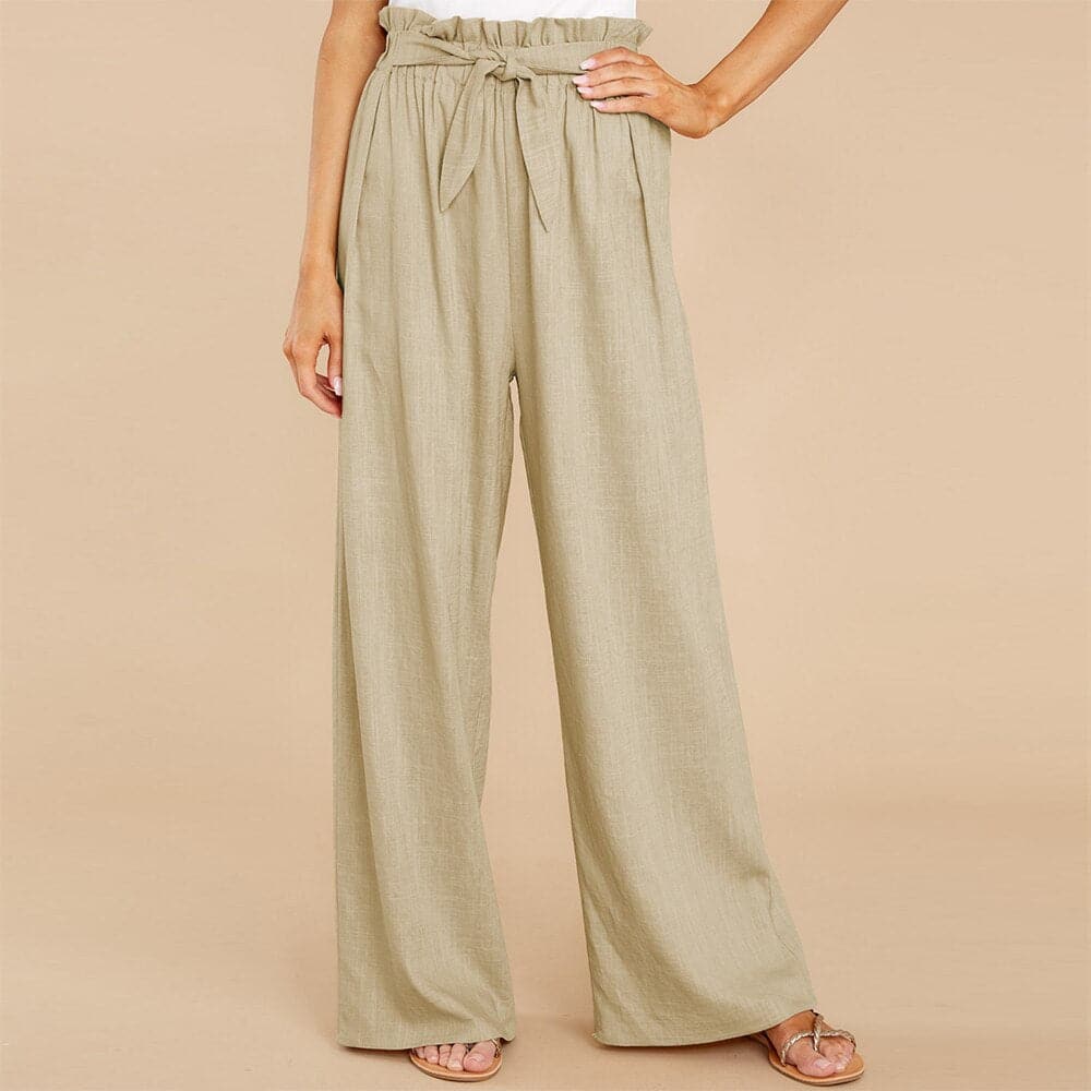 Women's Pants - High-Waisted Wide-Leg - Paperbag Waist with Tie Belt - Loose-Fitting Comfort
