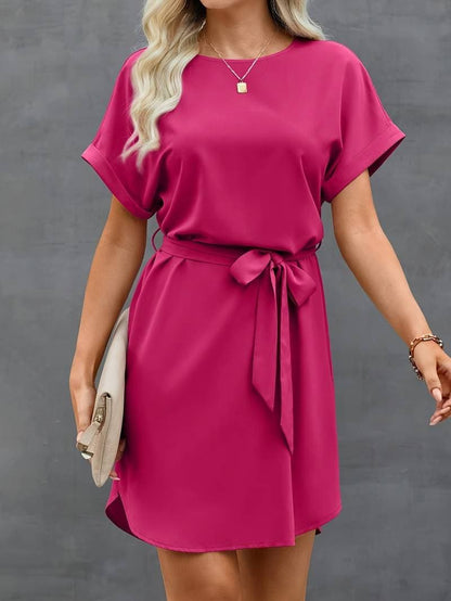 Women's Dress - Lightweight Fabric - Short Sleeves - Belt at the Waist - Relaxed Fit