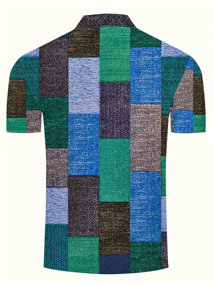 Men's Polo Shirt - Patchwork Design - Button Closure - Short-Sleeved - Breathable and Casual