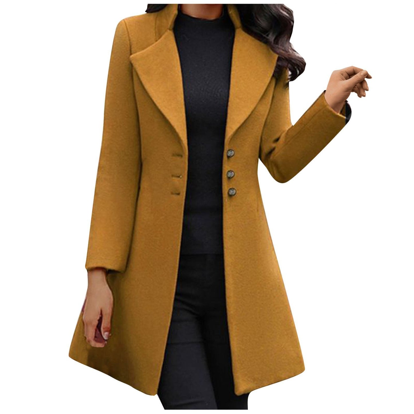 Women's Long Coat - Tailored Fit - Double Breasted Buttons - Elegant Wool Look