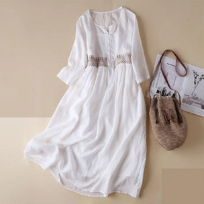 Women's Midi Dress – Loose Fit – V-Neck – Embroidery – Breathable Cotton Style – 3/4 Sleeves