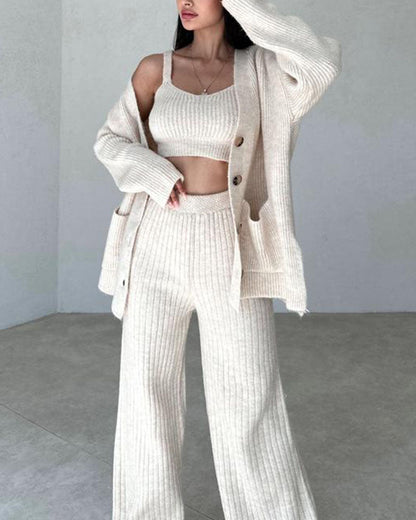 Women's Knitted Lounge Set - Cardigan, Crop Top and Wide-Leg Pants - Soft Comfort