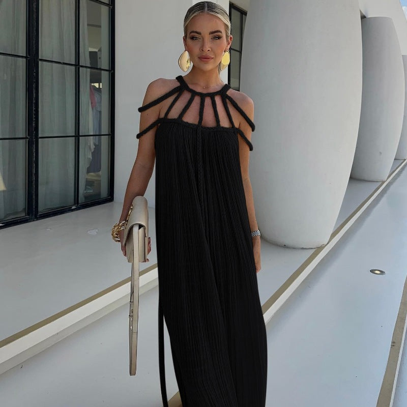 Maxi Dress for Women – Flexible Braided Straps – Pleated Fabric – Elegant Loose Fit