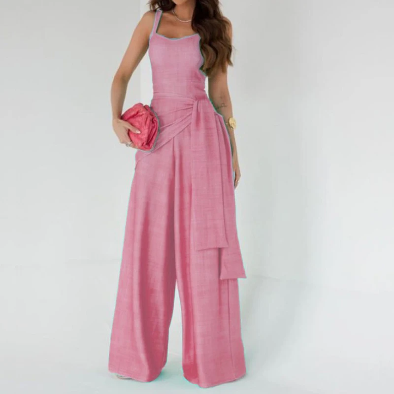 Women's Jumpsuit – Sleeveless – Adjustable Straps – Wide Leg – Waist Belt – Lightweight Material