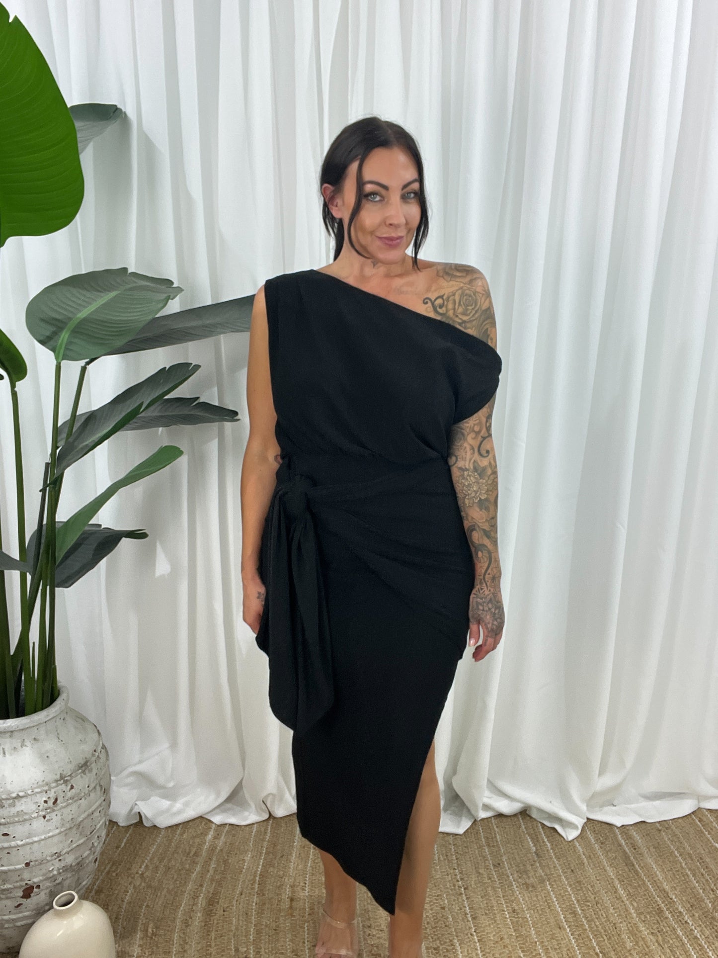 Women Dress - Asymmetric One-Shoulder - Slim Fit - Midi Length with Slit