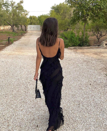 Women's Maxi Dress – Slim Fit – Spaghetti Straps – Ruffle Details – Light and Airy