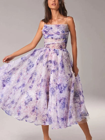 Dress for Women – A-line Cut – Chiffon – Mid Length – Spaghetti Straps – Floral Pattern