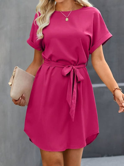 Women's Dress - Lightweight Fabric - Short Sleeves - Belt at the Waist - Relaxed Fit