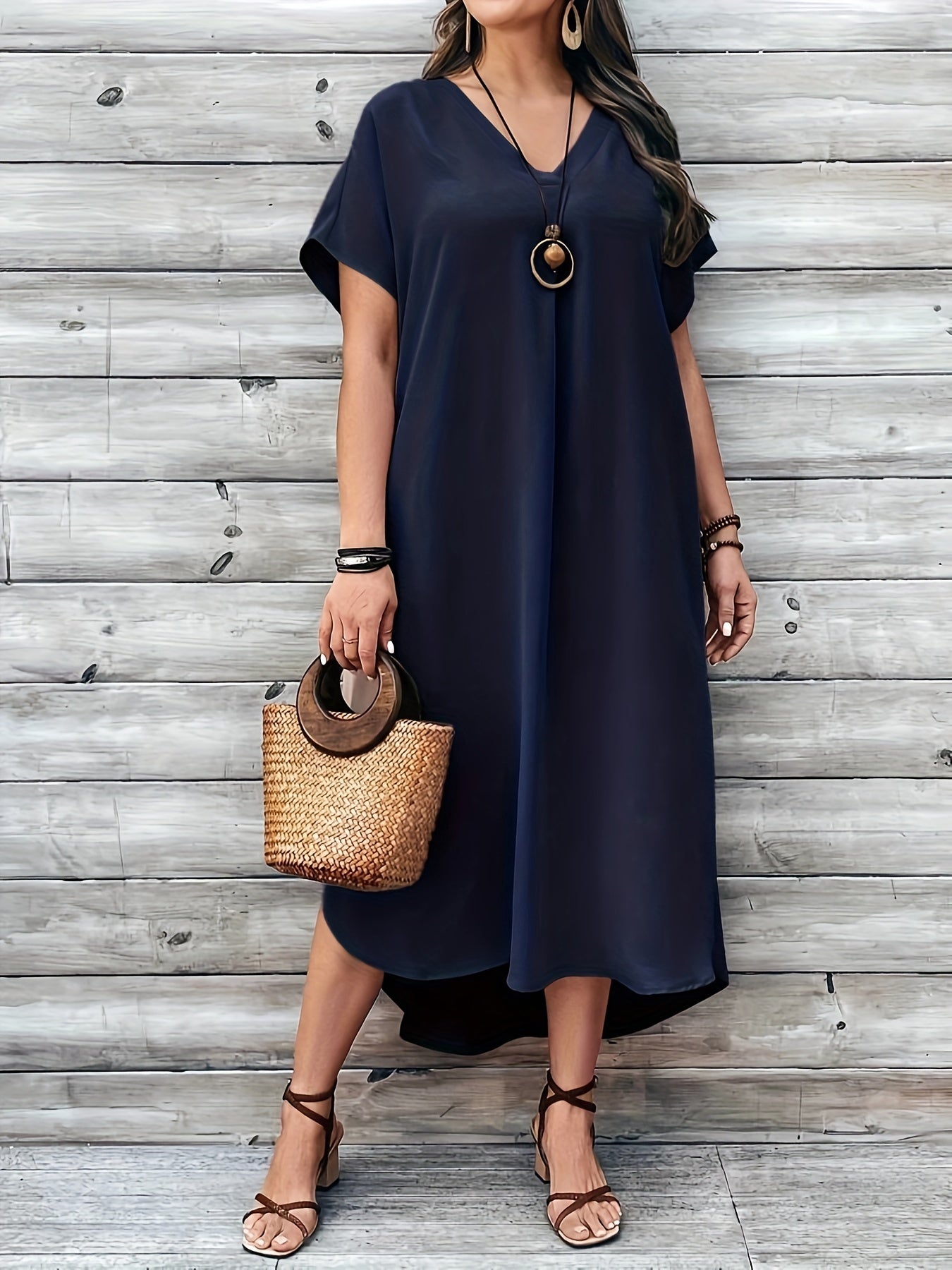 Women's Dress - Loose Fit - V-neck - Short Sleeves - Asymmetric Hem - Light and Airy