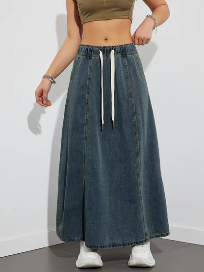 Women's Maxi Skirt - Denim - Elastic Waist with Drawstring - A-Line - Casual Look