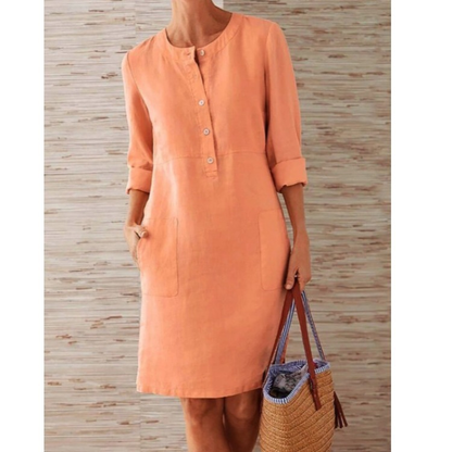 Women's Shirt Dress - Light and Breathable Linen - Relaxed Fit - Button Closure and Side Pockets