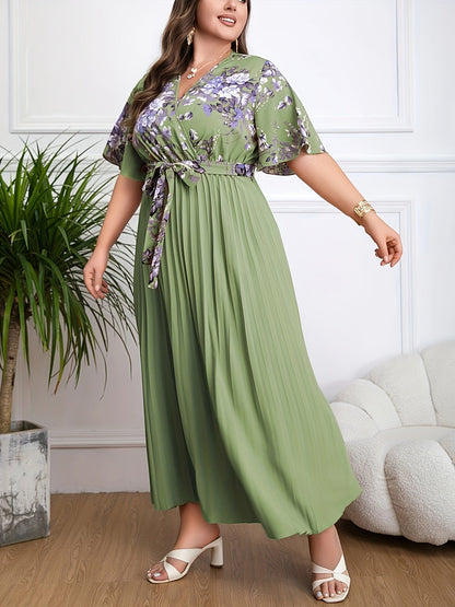 Women's Maxi Dress – V-Neck Wrap – Belted Waist – Short Sleeves – Pleated Skirt