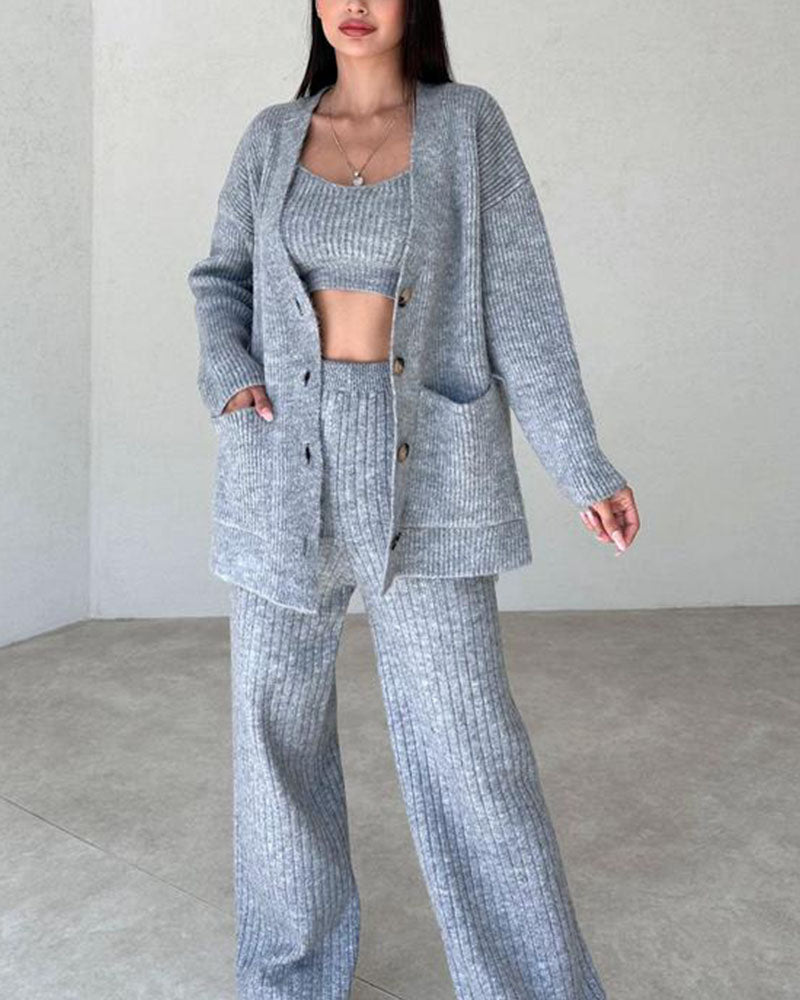 Women's Knitted Lounge Set - Cardigan, Crop Top and Wide-Leg Pants - Soft Comfort