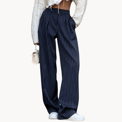 Women's Pants - High-Waisted Wide Leg - Classic Striped Design - Elegant Look