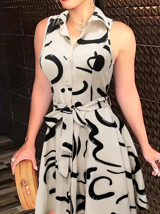 Women's Shirt Dress - Sleeveless - Button Closure - Waist Tie - Light and Airy
