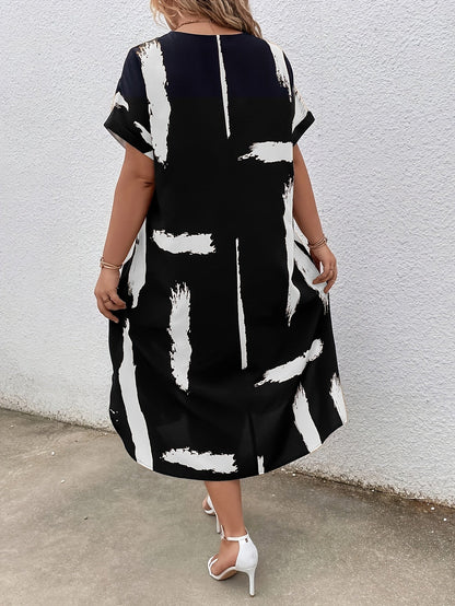 Women's Midi Dress - Loose Fit - V-neck - Short Sleeves - Light and Airy
