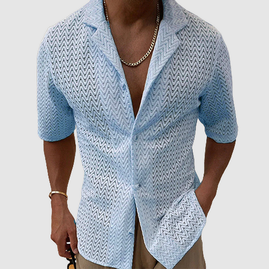 Men's Shirt - Short-Sleeved Button-Up - Zigzag Pattern - Light and Breathable