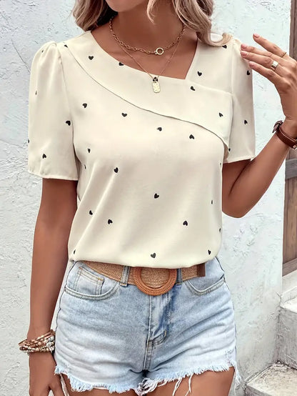 Women's Blouse - Relaxed Fit - Asymmetric Neckline - Short Puff Sleeves - Heart Print