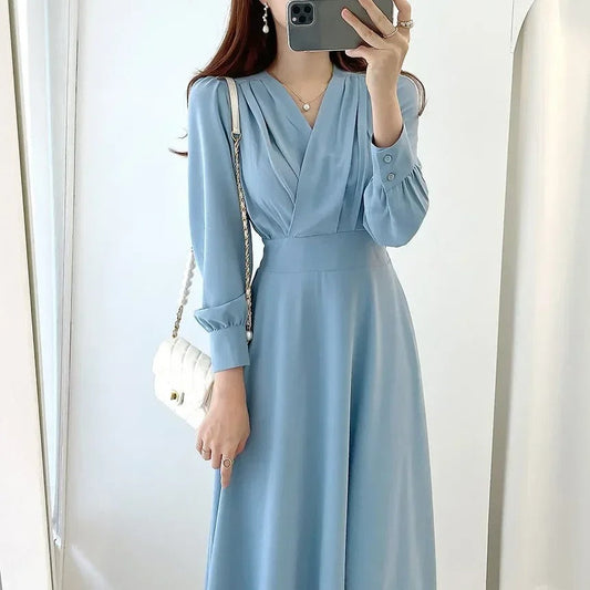Women's Dress - A-line Cut - V-neck Wrap - Long Sleeves with Cuff - Midi/Full Length