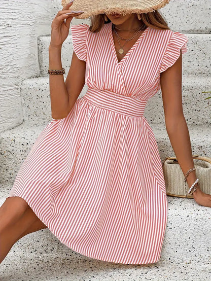 Women's Summer Dress - V-Neck - Ruffle Sleeves - Fitted Waist - Light and Breathable