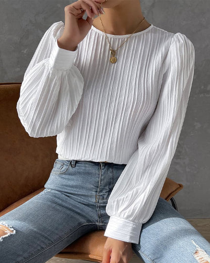 Women's Blouse - Long Sleeved with Puff Sleeves - Textured Pleated Design - Round Neck