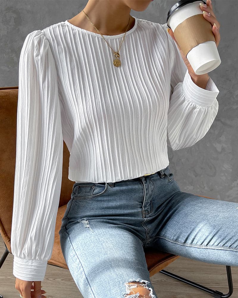 Women's Blouse - Long Sleeved with Puff Sleeves - Textured Pleated Design - Round Neck