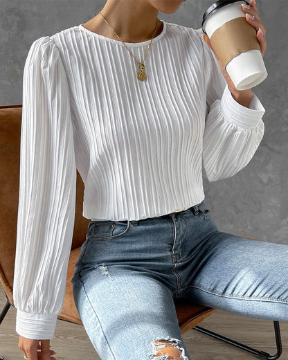Women's Blouse - Long Sleeved with Puff Sleeves - Textured Pleated Design - Round Neck