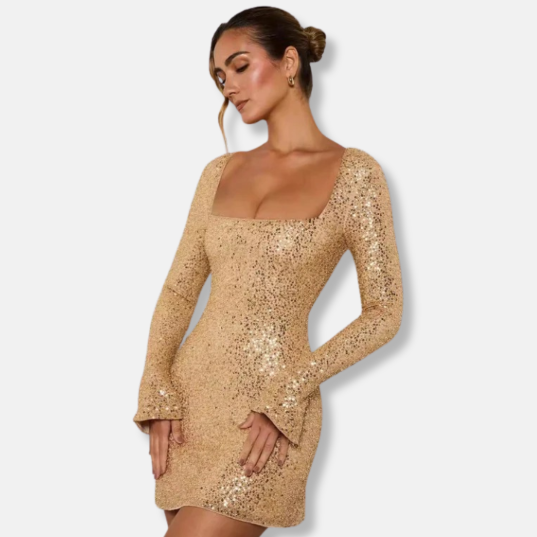 Harper Sequin Embellished Bodycon Mini Dress | Square Neck Long Sleeve Dress