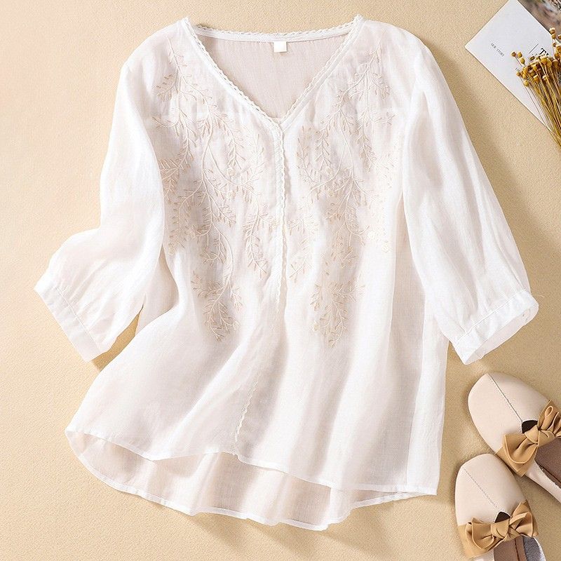 Relaxed Fit Embroidered V-Neck Blouse for Women – Stylish Casual Comfort