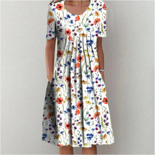 Women's Dress - A-line Fit - Knee Length with Short Sleeves - Floral Design - With Pockets