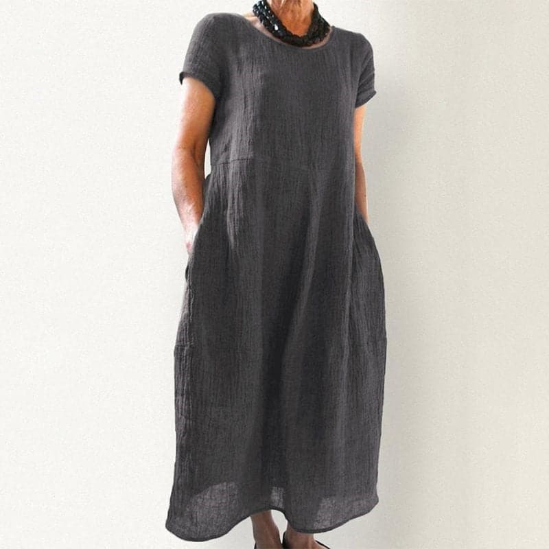 Women's Maxi Dress - A-line Fit - Short Sleeved with Round Neck - Breathable Cotton with Side Pockets