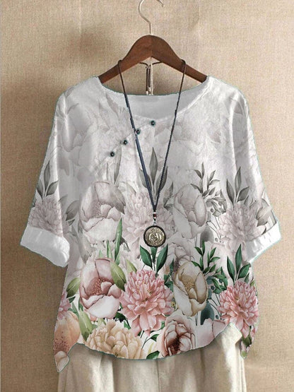 Women's Blouse - Floral Pattern - Relaxed Fit - Round Neck - Button Details