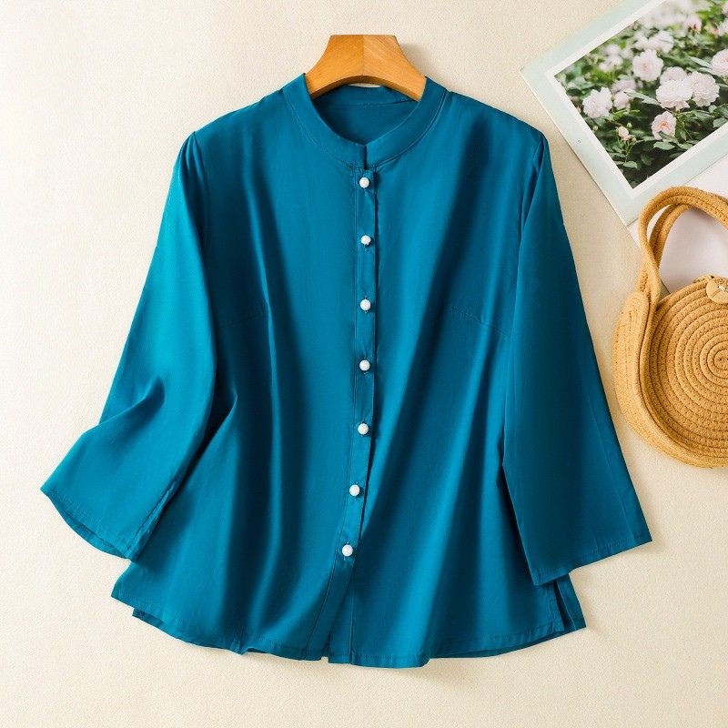 Relaxed Fit Band Collar Button Front Blouse for Women – Casual Stylish Comfort
