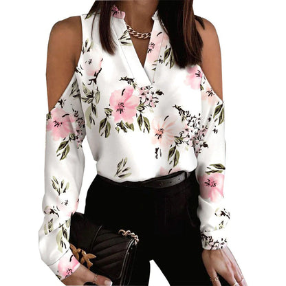 Women's Blouse - V-Neck - Cold Shoulder Design - Light and Airy - Heart Print
