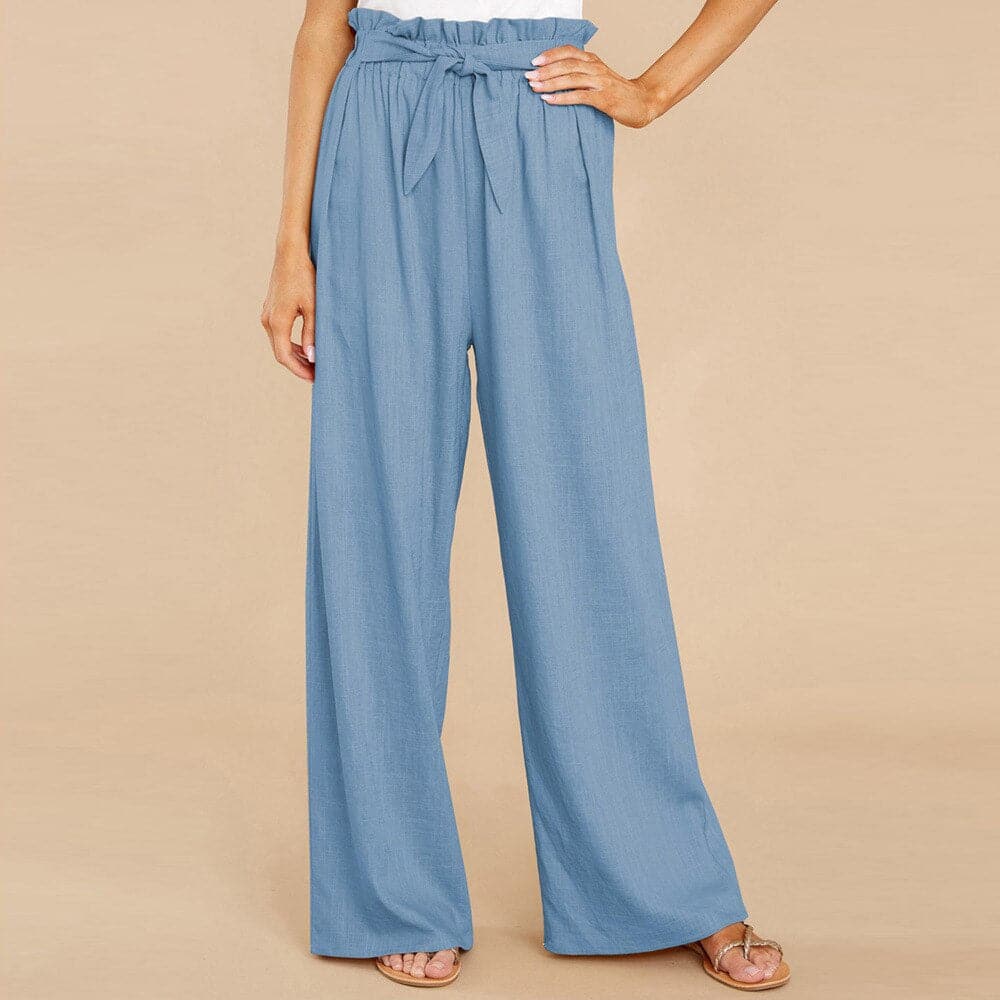 Women's Pants - High-Waisted Wide-Leg - Paperbag Waist with Tie Belt - Loose-Fitting Comfort