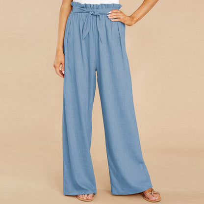 Women's Pants - High-Waisted Wide-Leg - Paperbag Waist with Tie Belt - Loose-Fitting Comfort