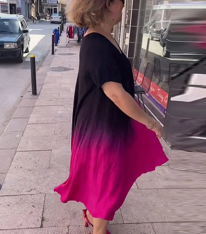Women's Dress – Loose Fit – V-Neck – Knee Length – Short Sleeves – Soft Drape