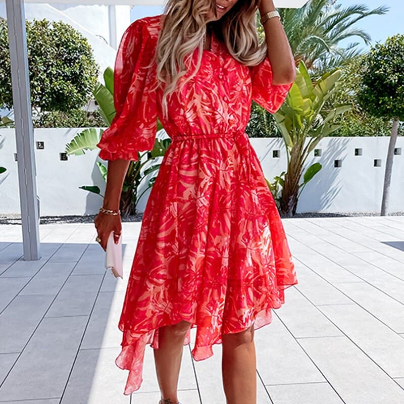 Women's Midi Dress – Floral Print – V-Neck with Buttons – Elastic Waist – 3/4 Sleeves