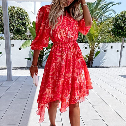 Women's Midi Dress – Floral Print – V-Neck with Buttons – Elastic Waist – 3/4 Sleeves
