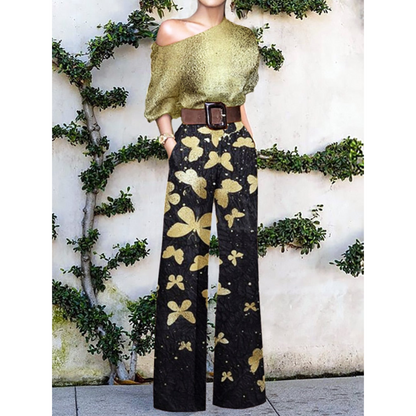 Women's Jumpsuit – One Shoulder – Butterfly Pattern – Loose Fit – Belt at Waist