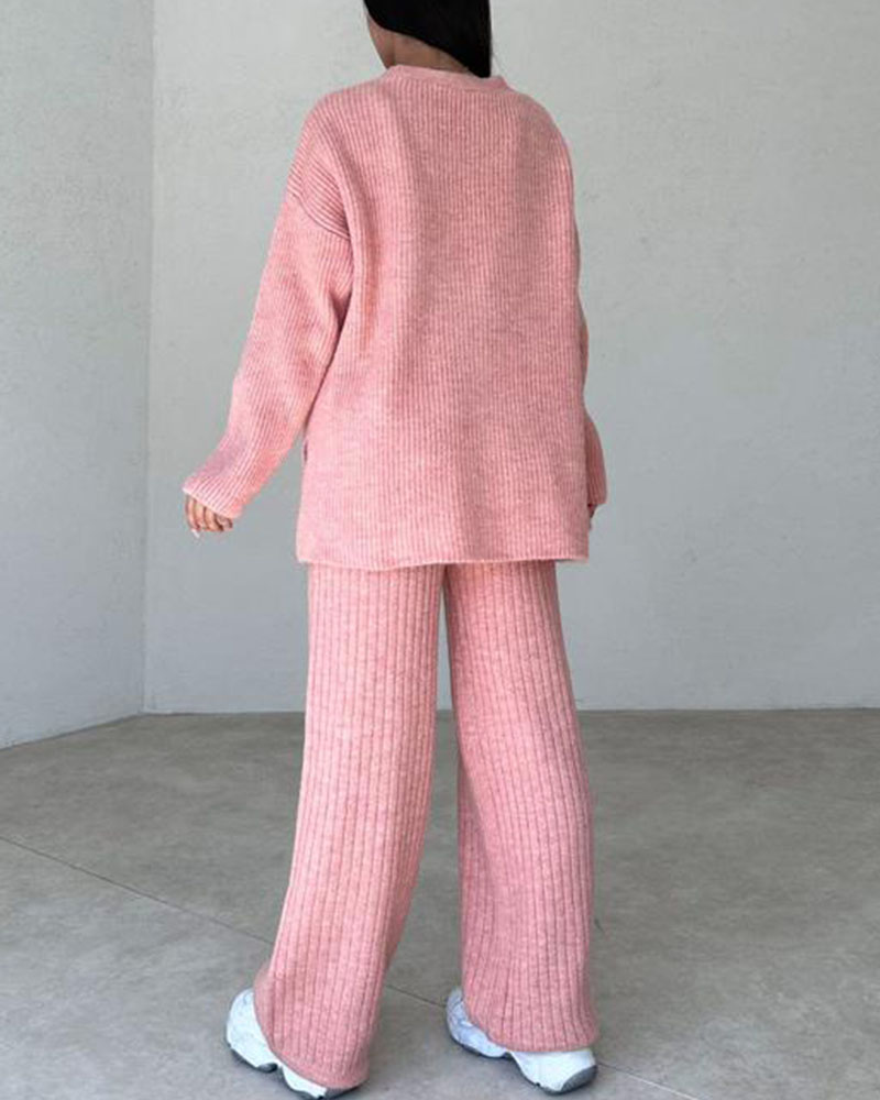 Women's Knitted Lounge Set - Cardigan, Crop Top and Wide-Leg Pants - Soft Comfort