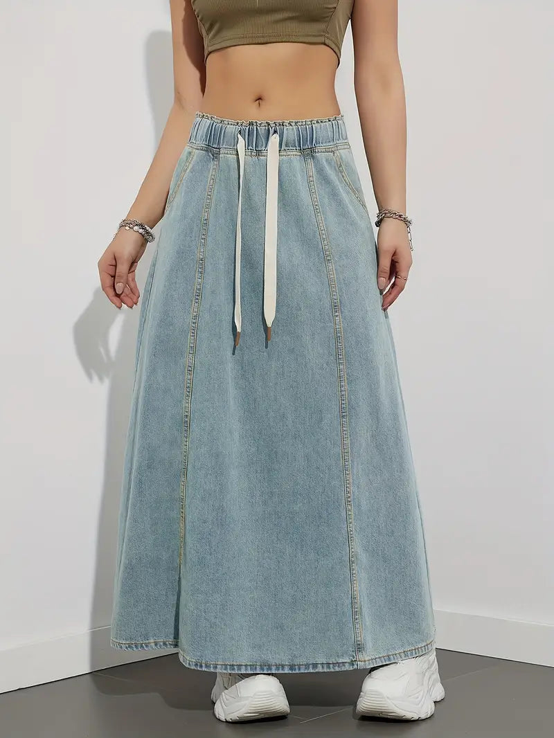 Women's Maxi Skirt - Denim - Elastic Waist with Drawstring - A-Line - Casual Look
