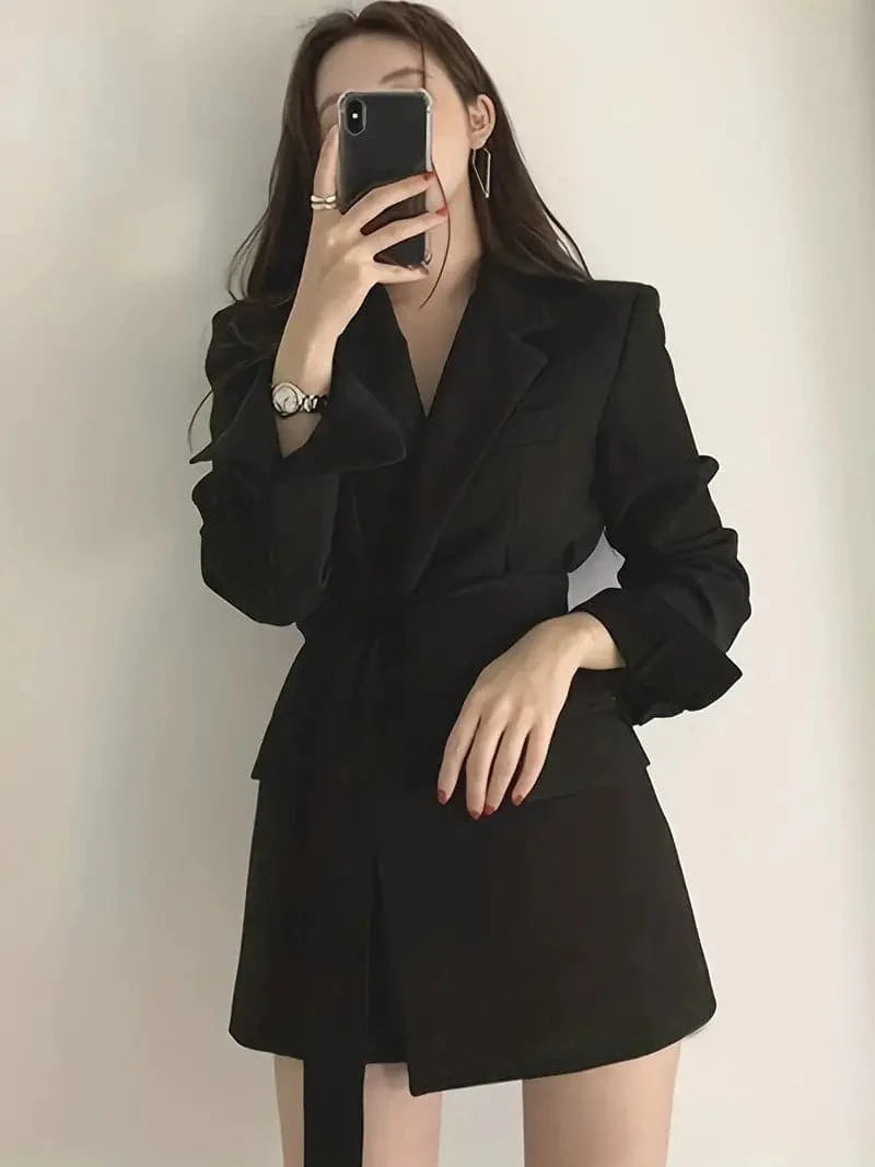 Women's Blazer Dress - Tailored Fit - Belted Waist - Single Button with Flap Pockets