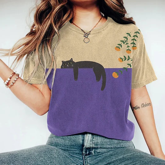 Women's T-shirt - Relaxed Fit - Round Neck - Graphic Cat Print - Soft and Breathable