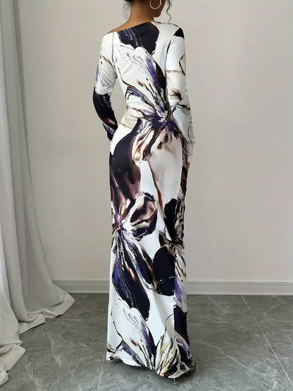 Women's Maxi Dress - Long-Sleeved - Off-Shoulder - Form-Fitting - Elegant Pattern