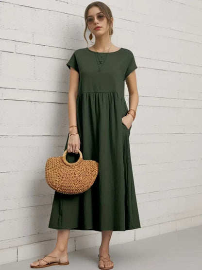 Women's Dress - A-line Fit - Short Sleeve - Round Neck - Midi Length - Lightweight and Breathable