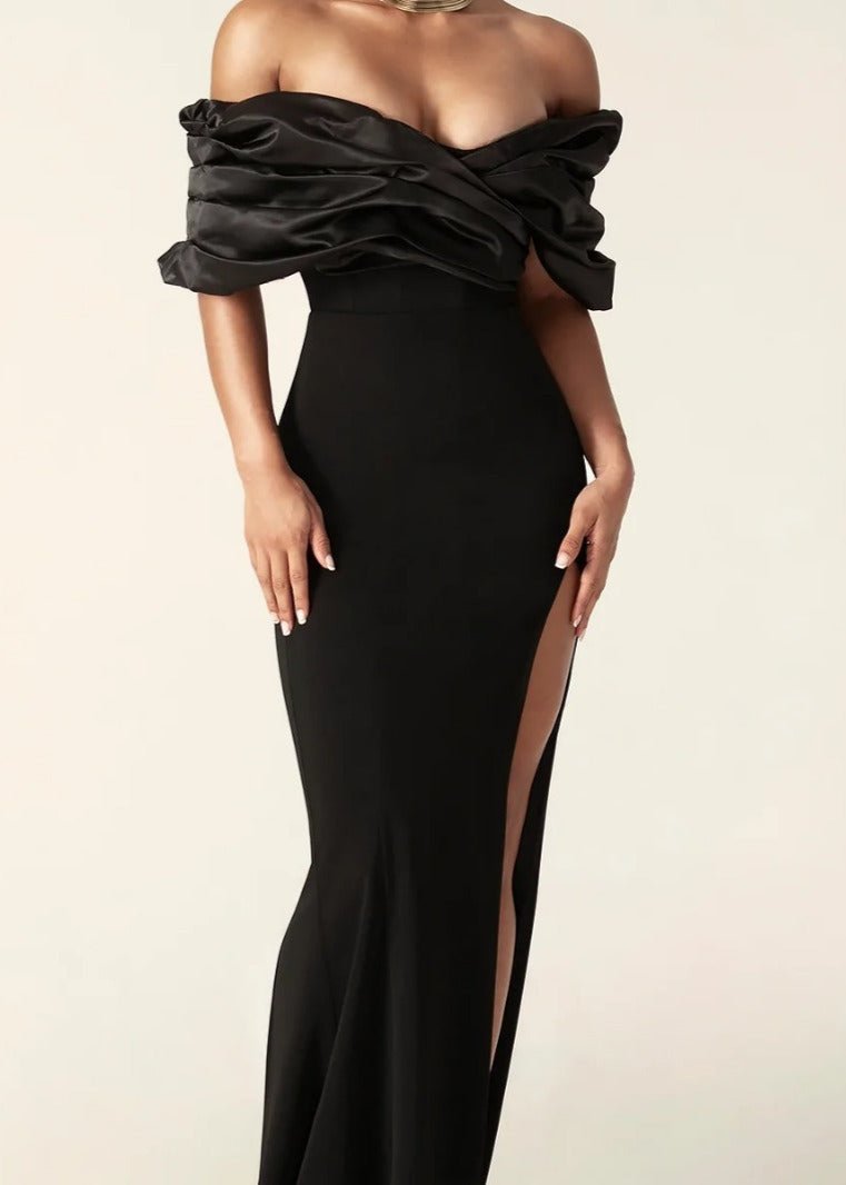 Women's Evening Dress - Off-Shoulder - Draped Bodice - High Slit - Elegant Party Dress