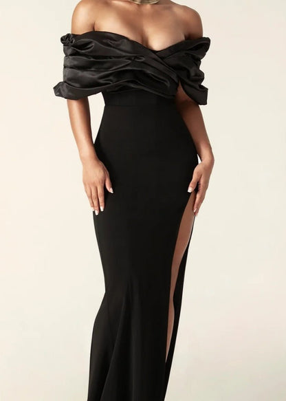 Women's Evening Dress - Off-Shoulder - Draped Bodice - High Slit - Elegant Party Dress