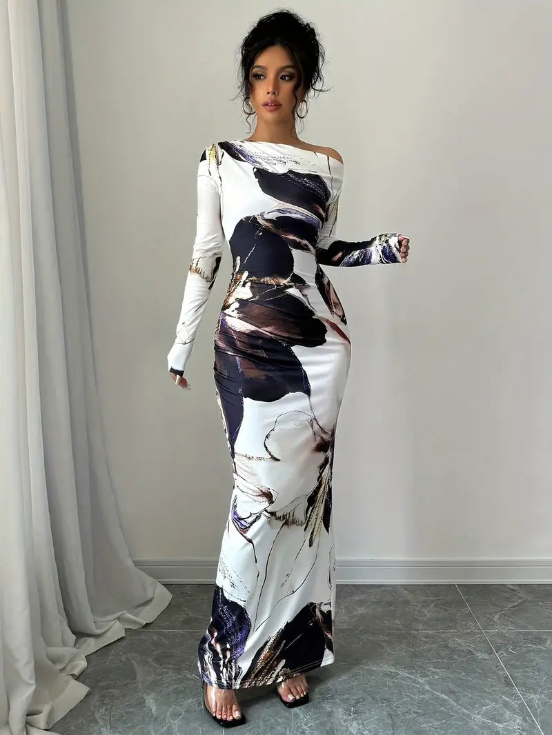 Women's Maxi Dress - Long-Sleeved - Off-Shoulder - Form-Fitting - Elegant Pattern