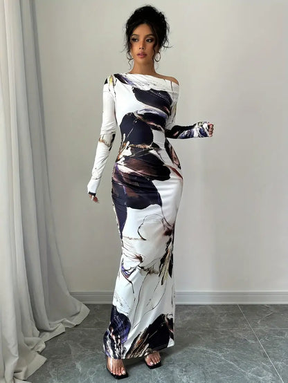 Women's Maxi Dress - Long-Sleeved - Off-Shoulder - Form-Fitting - Elegant Pattern
